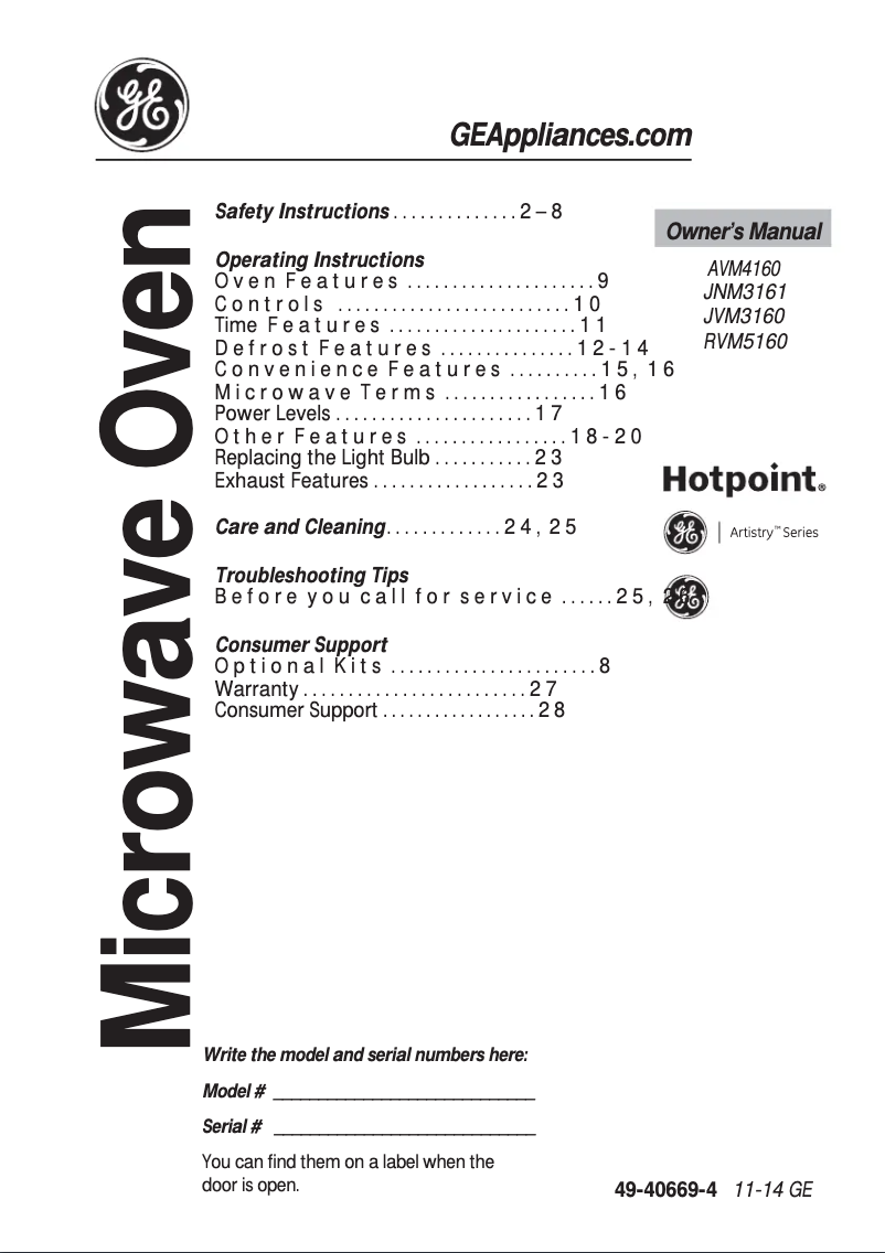 Page 1 of the manual User Manual Hotpoint RVM5160DHWW