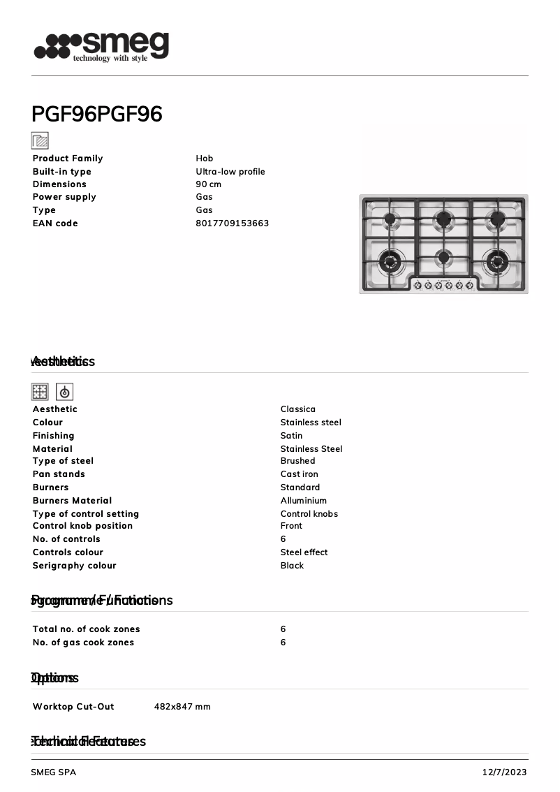 Page 1 of the manual Technical Sheet Smeg PGF96