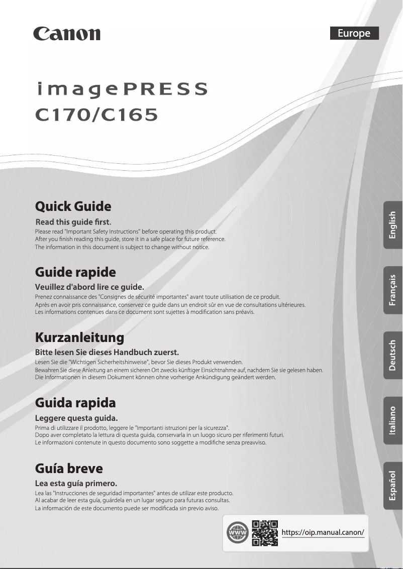 First page image of the manual for imagePRESS C170