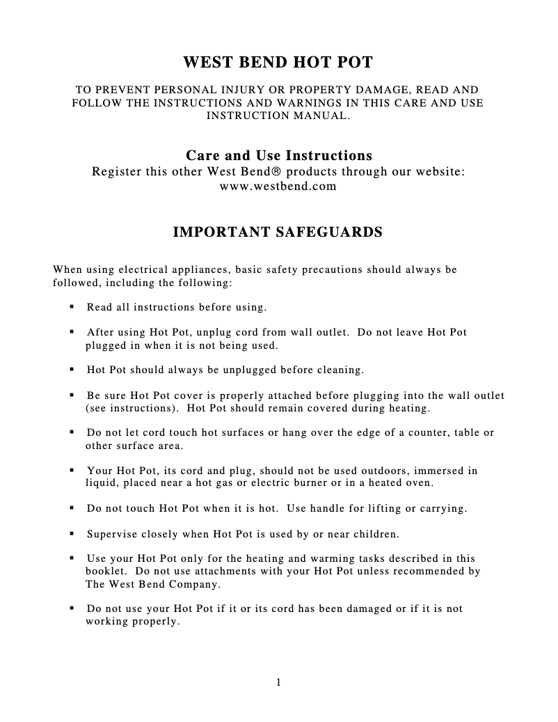 Page 1 de la notice Manuel utilisateur WestBend Hot Pot 53015