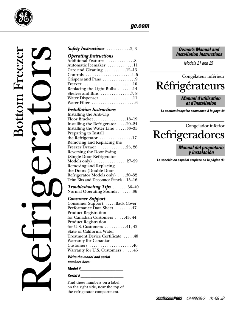 Page 1 of the manual Instruction Manual GE PFCS1PJXSS