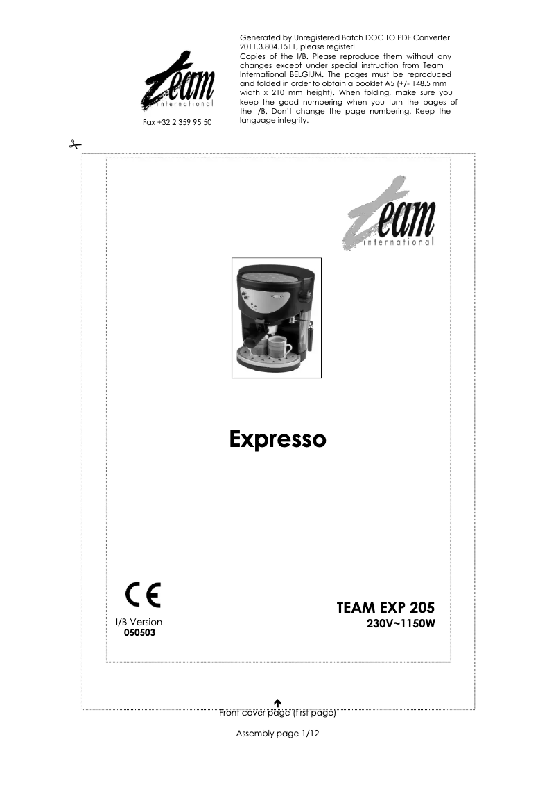 Page 1 de la notice Manuel utilisateur Team EXP 205