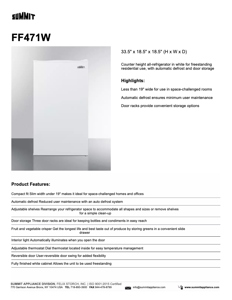 Page 1 of the manual Technical Sheet Summit FF471W