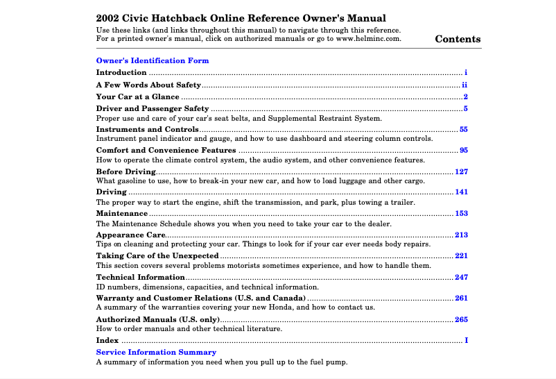 Page 1 of the manual User Manual Honda Civic Si (2002)