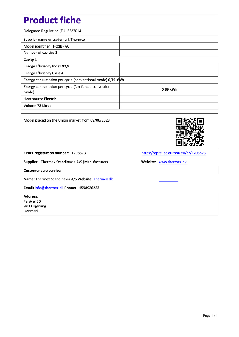 Page 1 of the manual Technical Sheet Thermex THO1BF