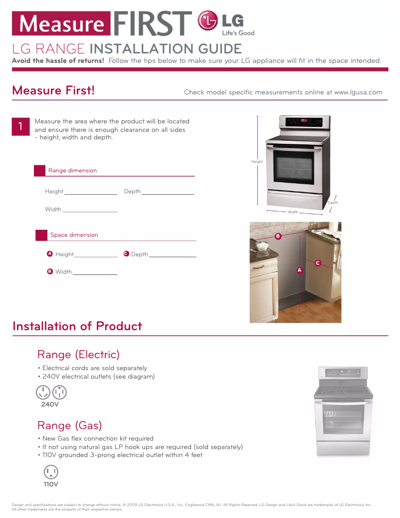Page 1 of the manual Installation Guide LG LRG3091SW