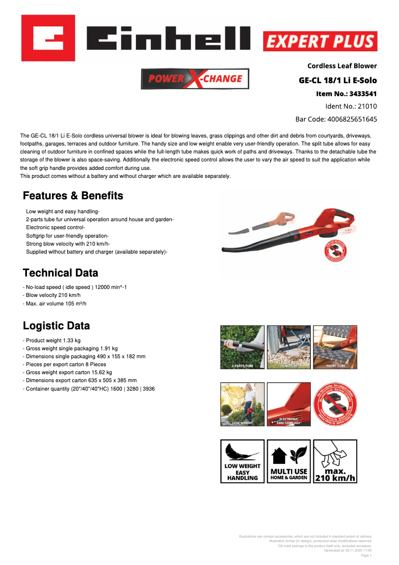 Page 1 of the manual Technical Sheet Einhell GE-CL 18/1 Li E-Solo
