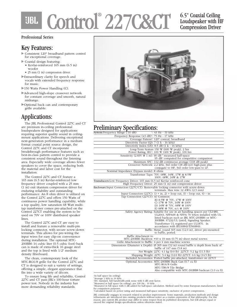 Page 1 of the manual Technical Sheet JBL Control 227CT