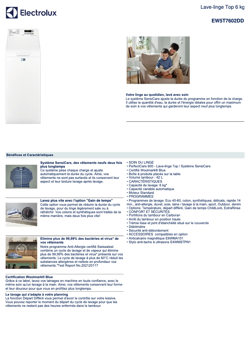 Page 1 of the manual Technical Sheet Electrolux EW5T7602DD