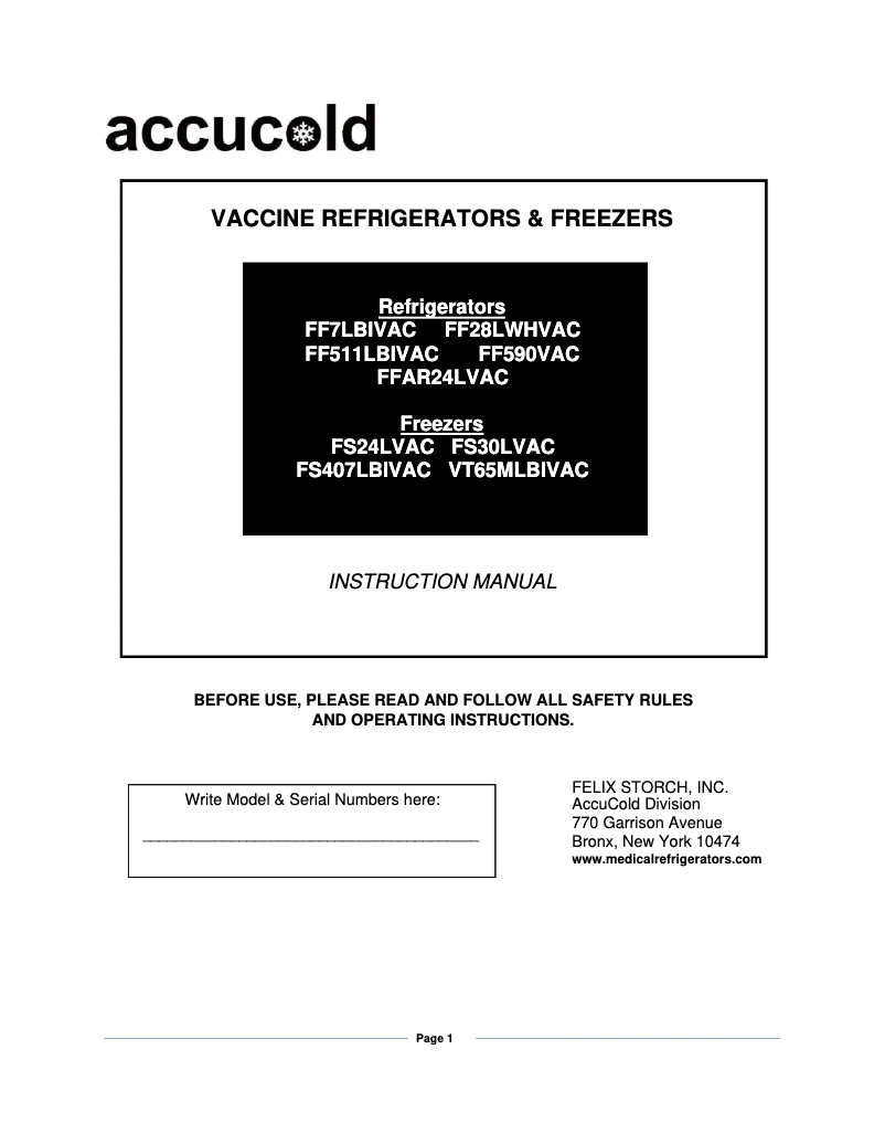 Page 1 of the manual User Manual Accucold FS24LVAC