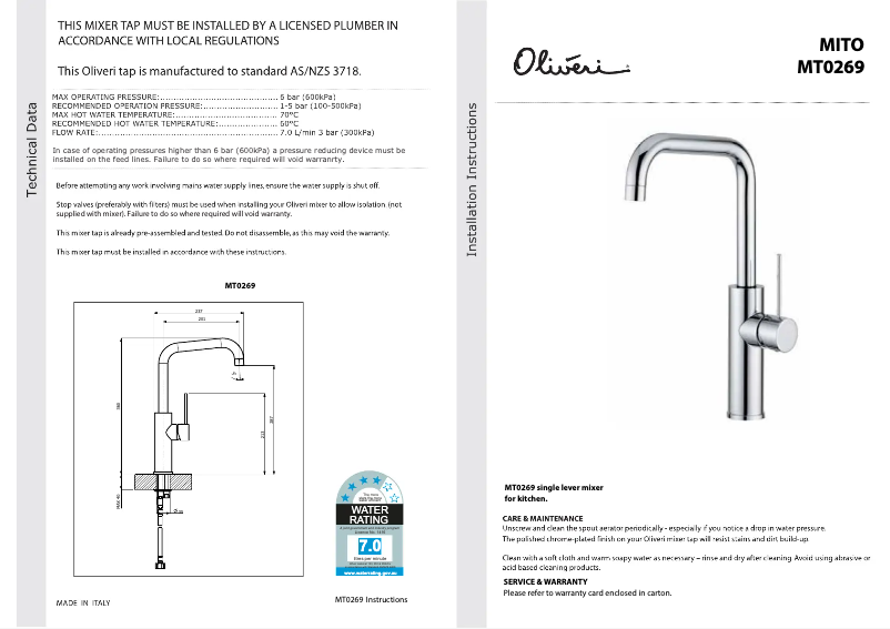Page 1 of the manual Installation Guide Oliveri MT0269