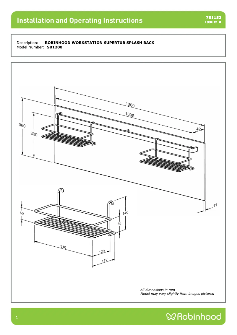 Page 1 of the manual Instructions / Assembly Robinhood SB1200