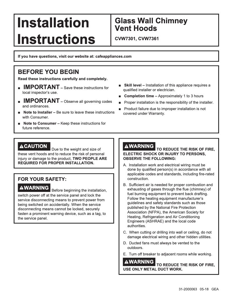 Page 1 of the manual Installation Guide GE CVW73013MDS