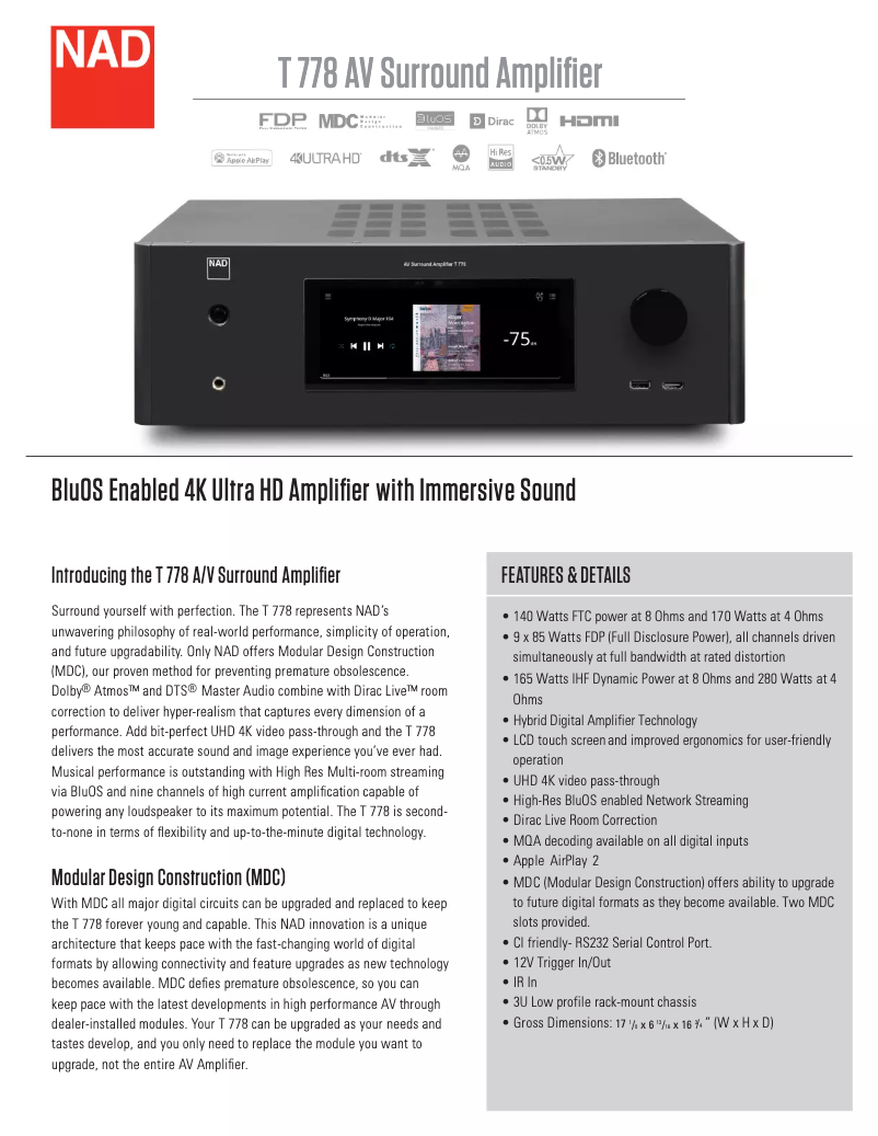 Page 1 of the manual Technical Sheet NAD T 778
