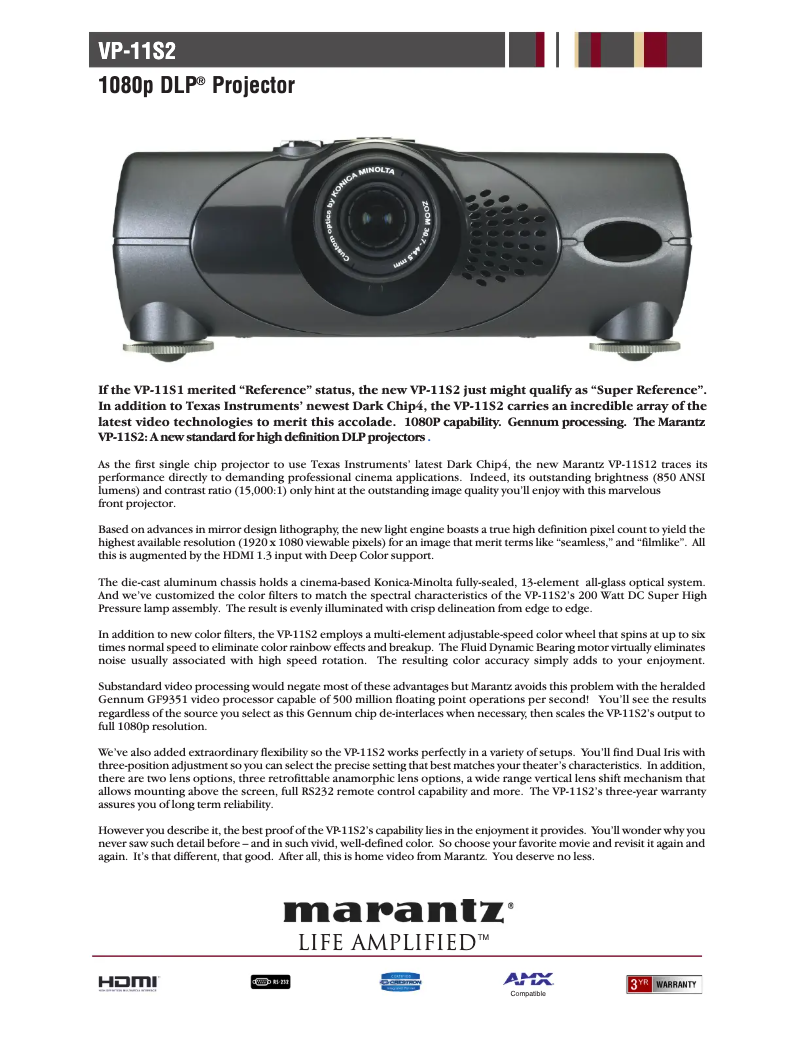Page 1 of the manual Technical Sheet Marantz VP-11S2