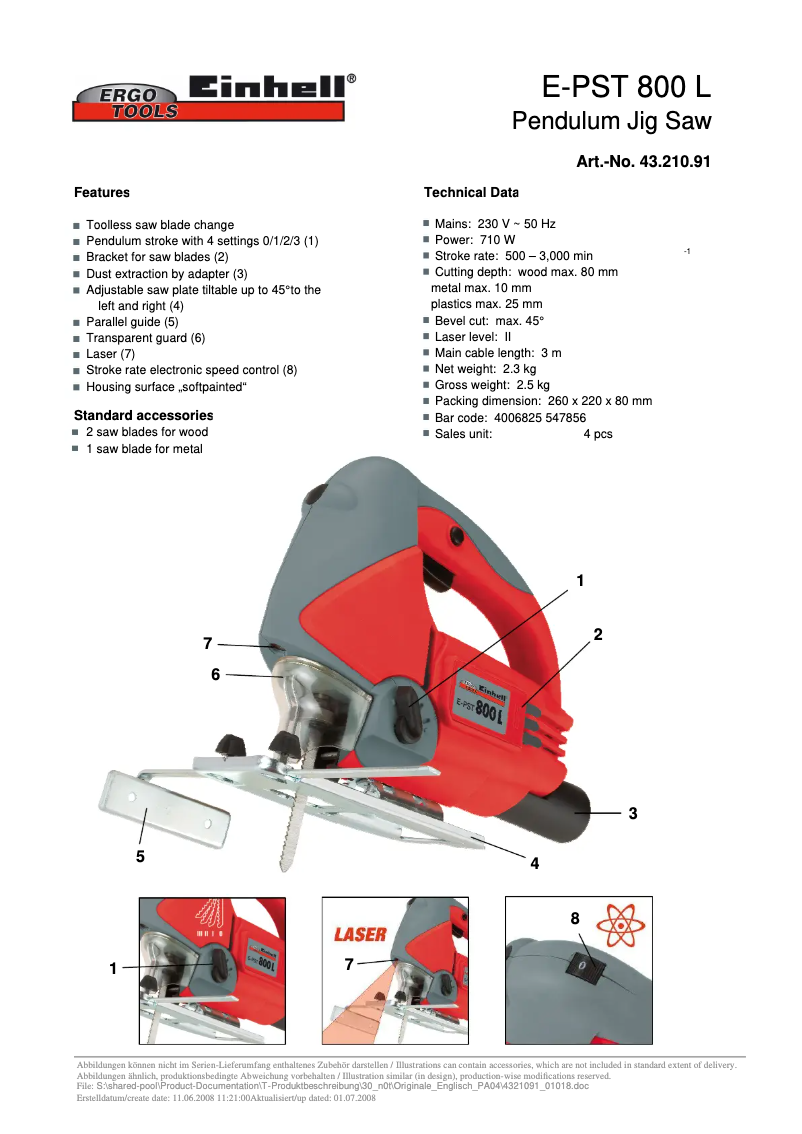Page 1 of the manual User Manual Einhell E-PST 800 L