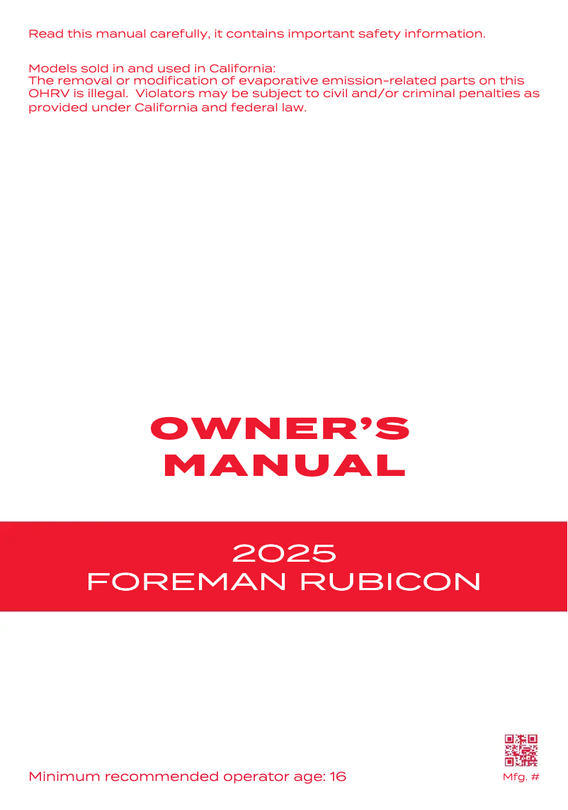 First page image of the manual for Foreman Rubicon (2025)