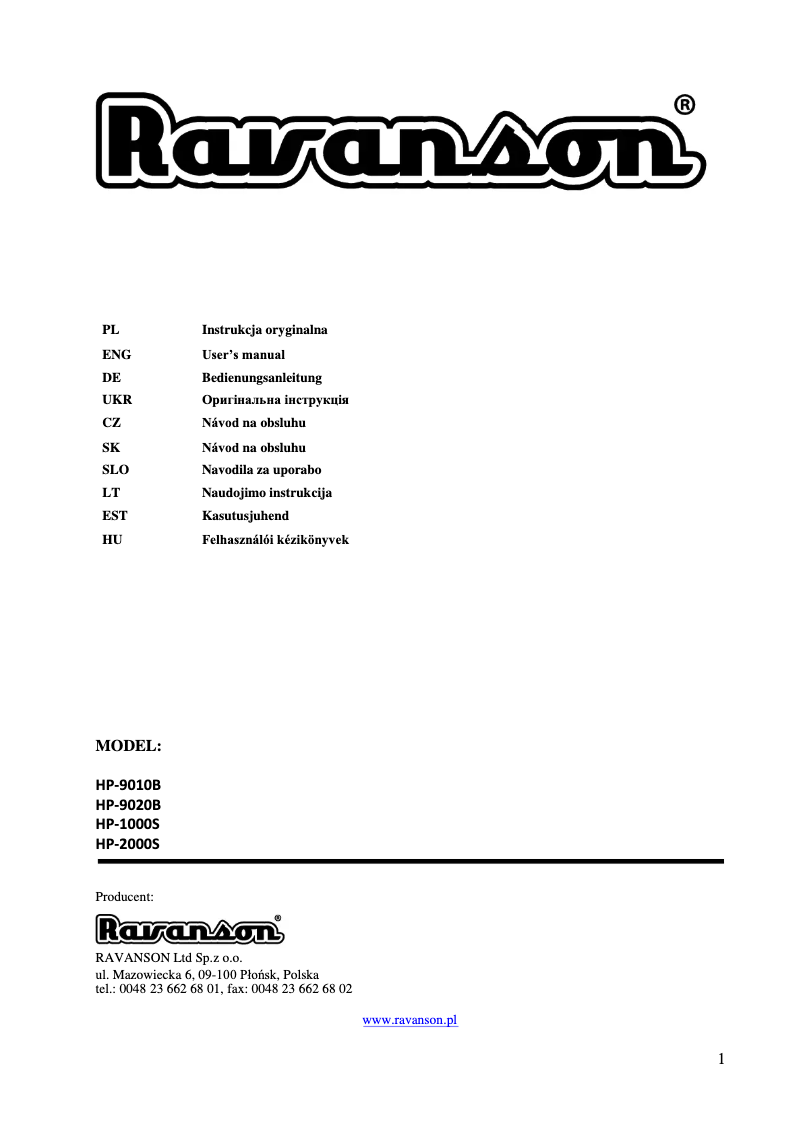 Page 1 of the manual User Manual Ravanson HP-9020B