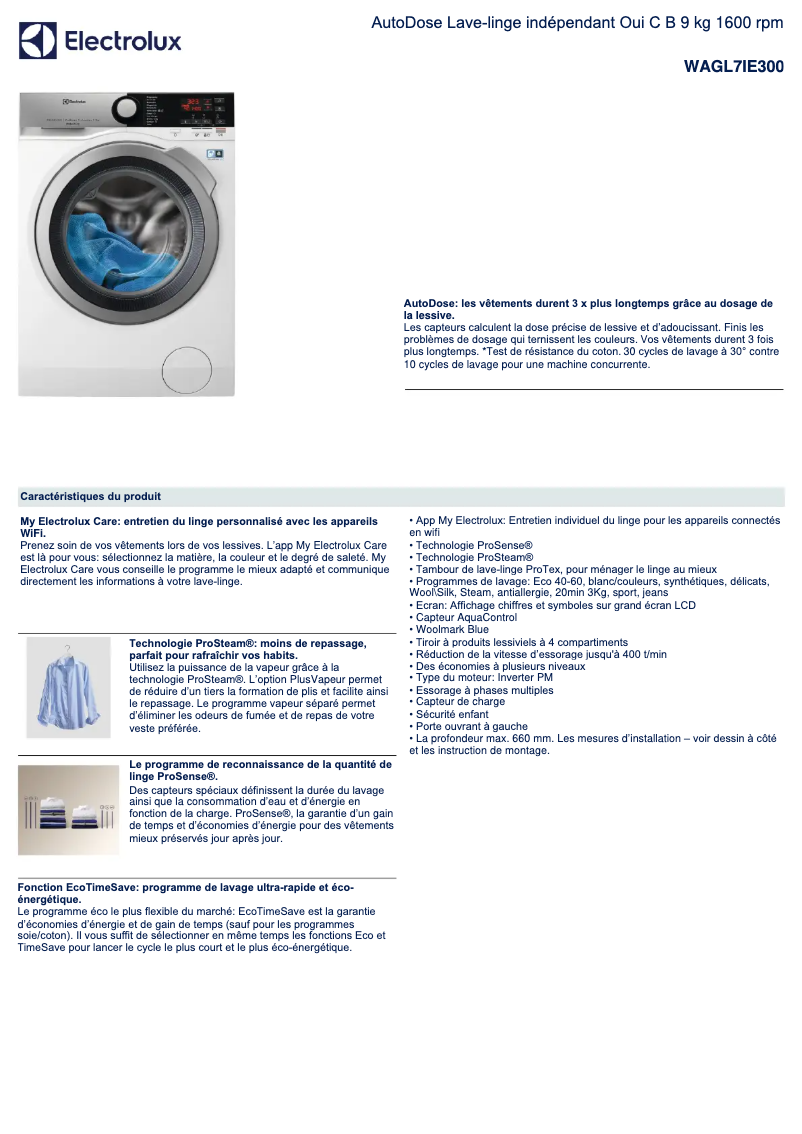 Page 1 of the manual Technical Sheet Electrolux WAGL7IE300