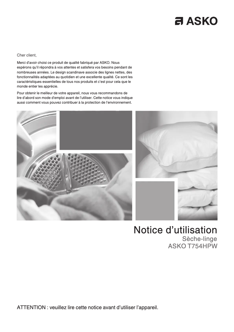 Page 1 of the manual User Manual Asko T754HPW