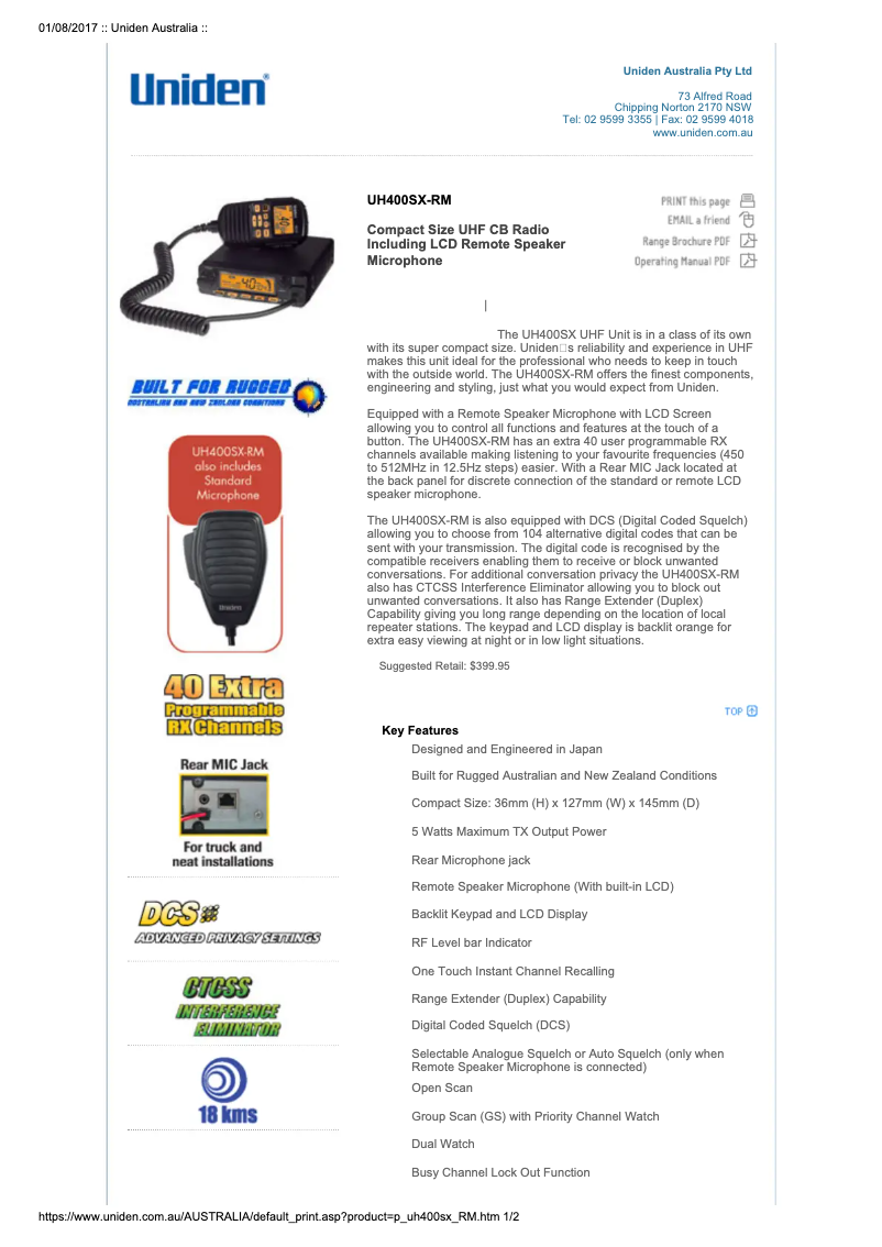 First page image of the manual for UH400SX-RM