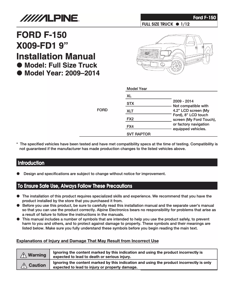 Page 1 of the manual User Manual Alpine X009-FD1