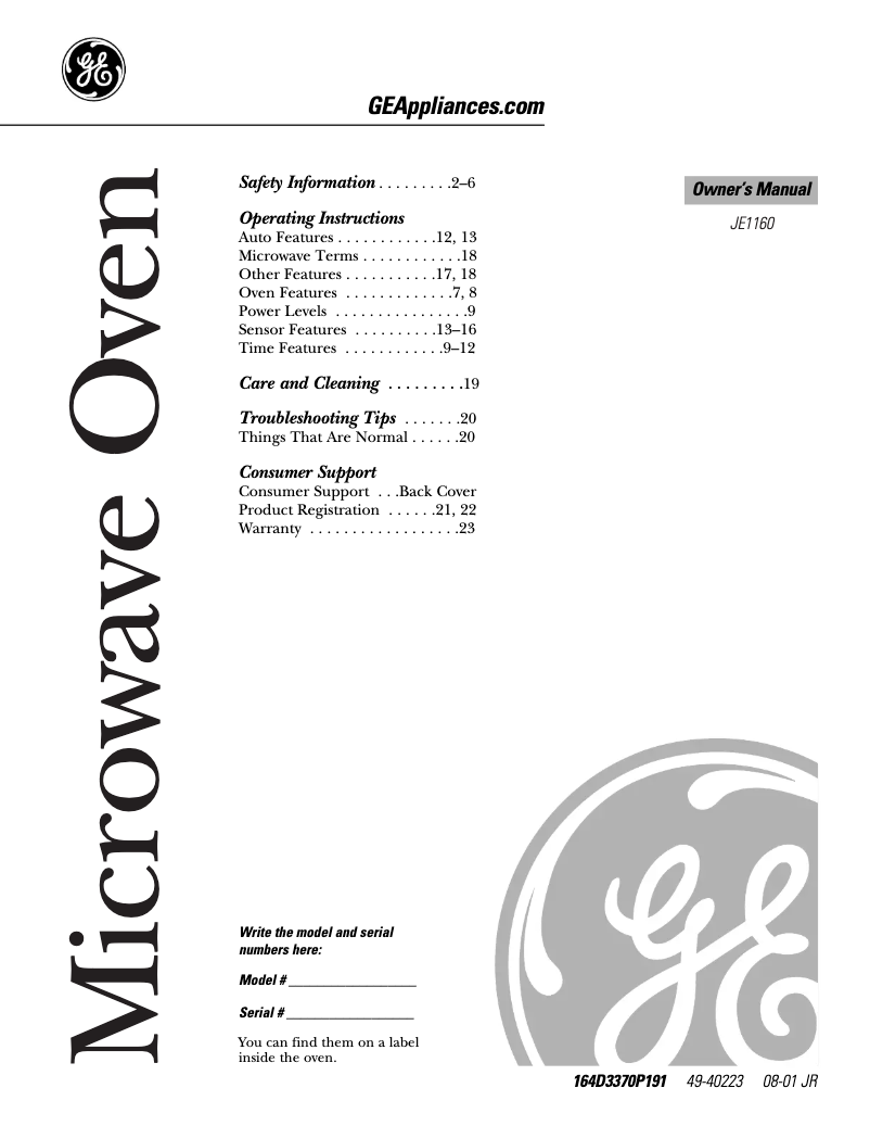 Page 1 of the manual User Manual GE JE1160WD