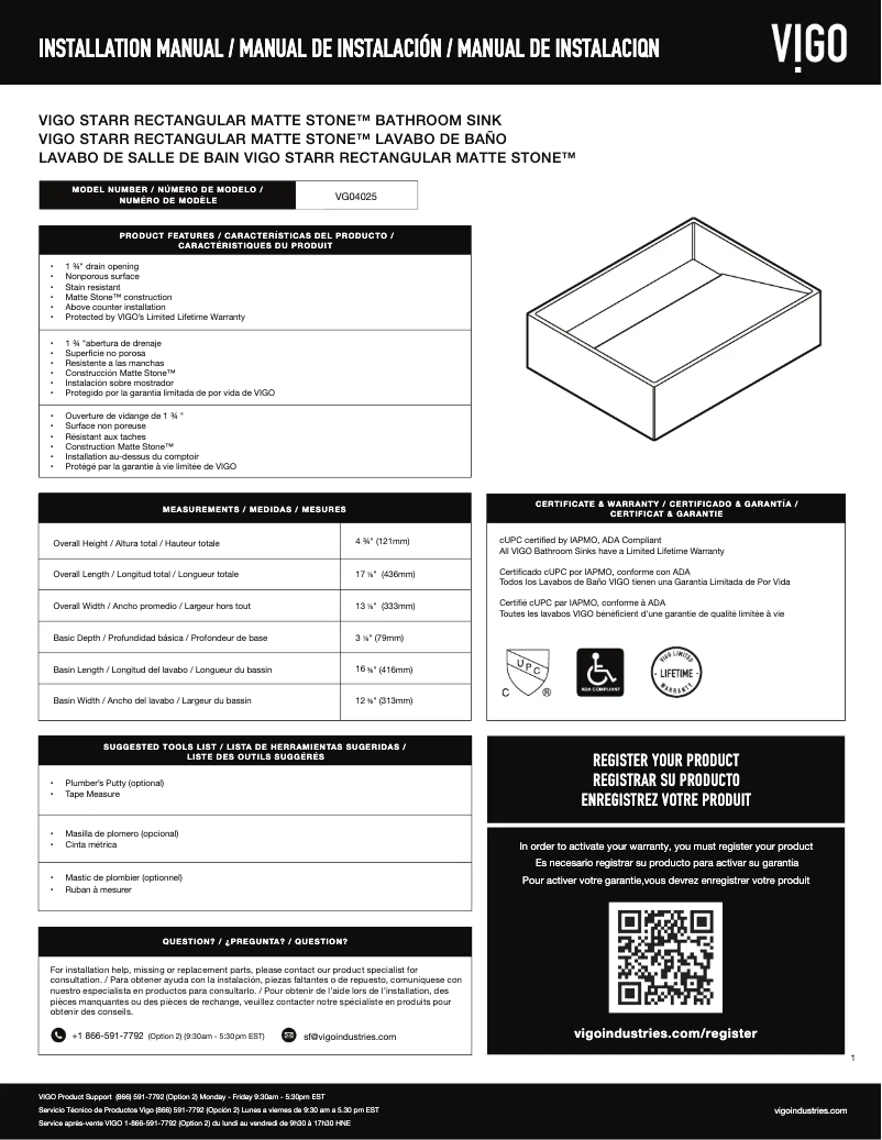 Image de la première page du manuel de l'appareil Starr VG04025