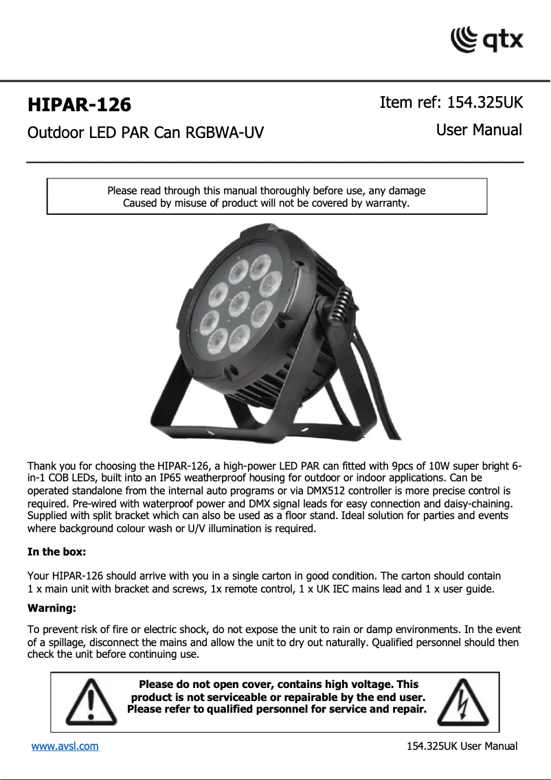 First page image of the manual for HIPAR-126