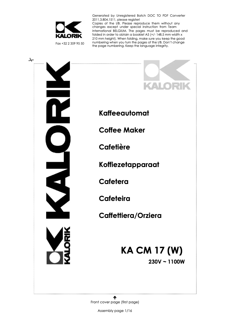Page 1 of the manual User Manual Kalorik KA CM 17 W
