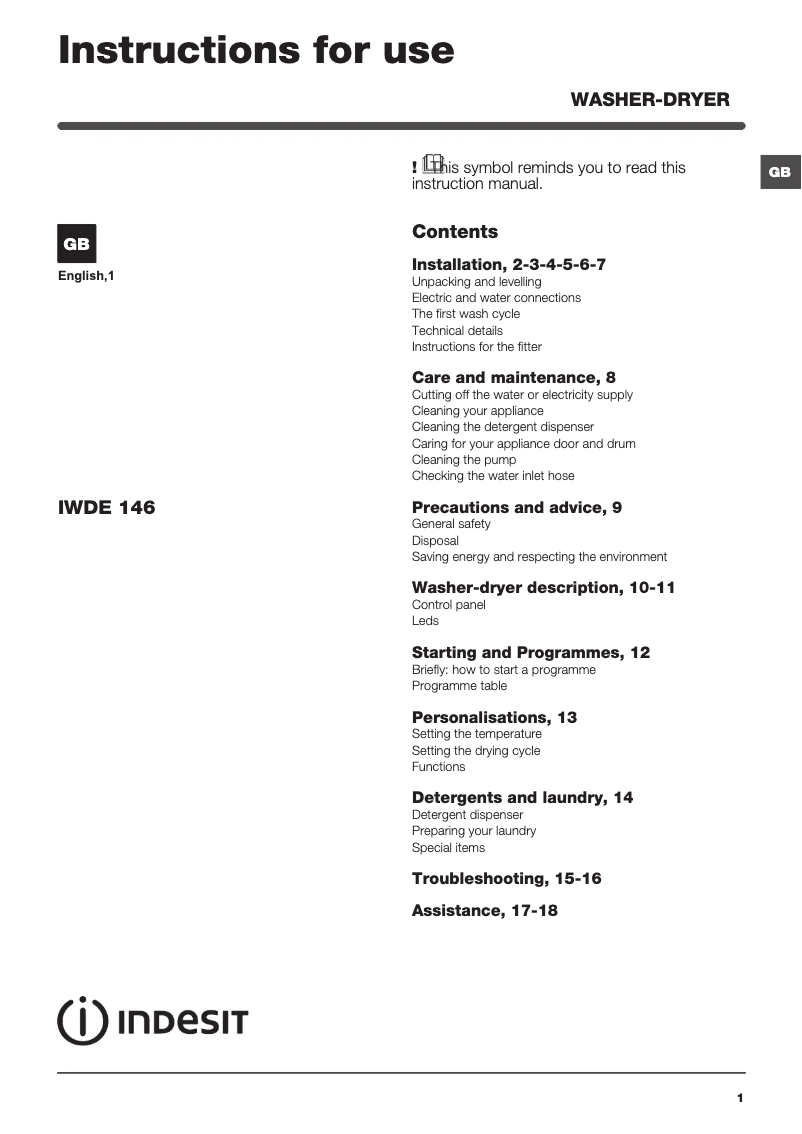 Page 1 of the manual Instructions / Assembly Indesit IWDE 146 UK