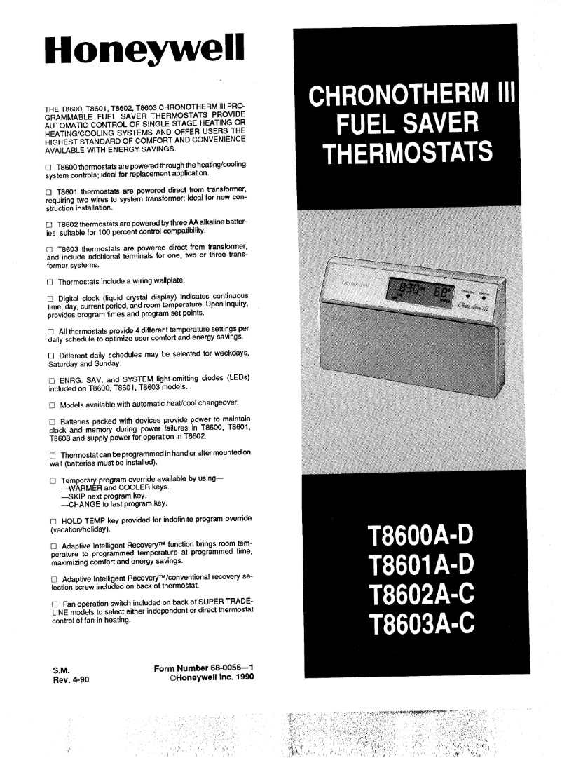 Page 1 of the manual User Manual Honeywell Chronothem III T8602C