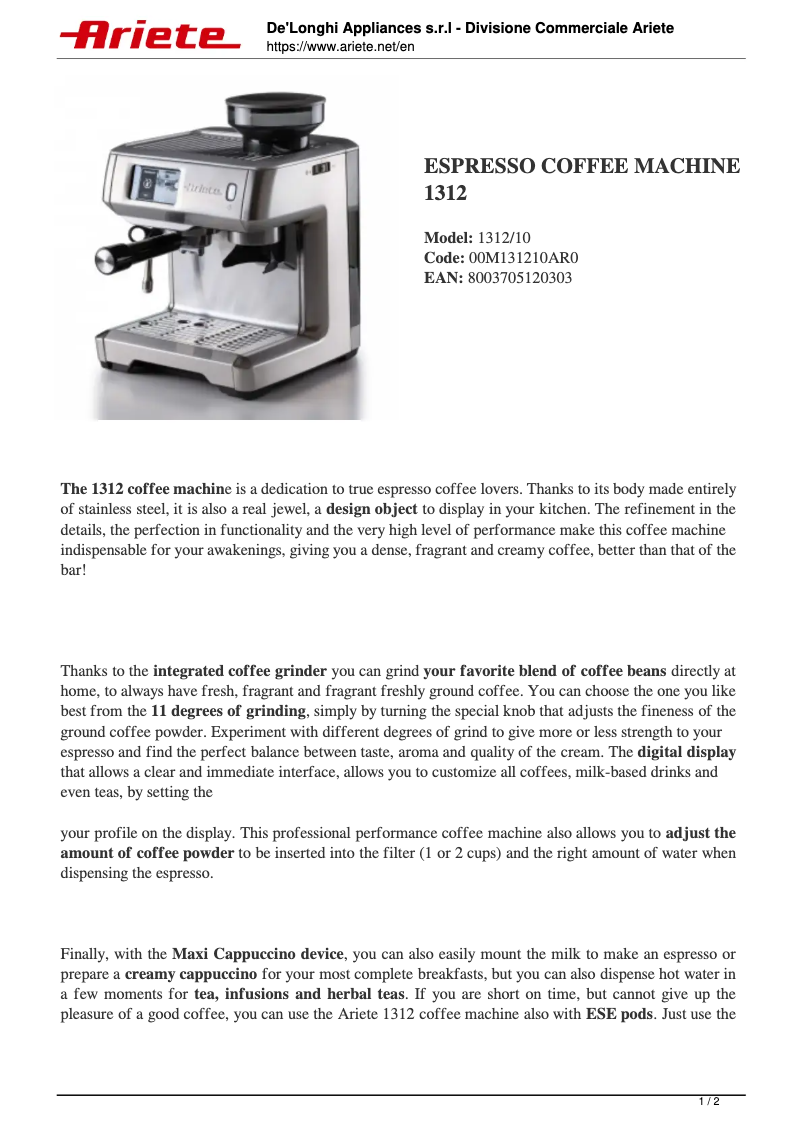 First page image of the manual for 1312