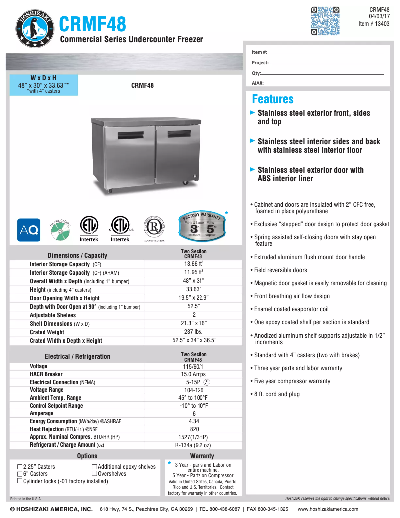 Page 1 of the manual Technical Sheet Hoshizaki Commercial CRMF48