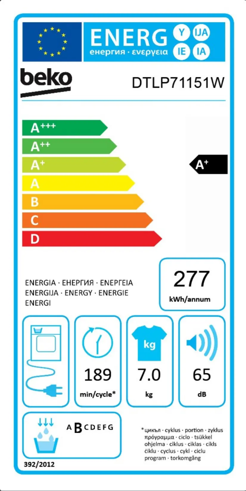 Page 1 of the manual Energy Label Beko DTLP71151