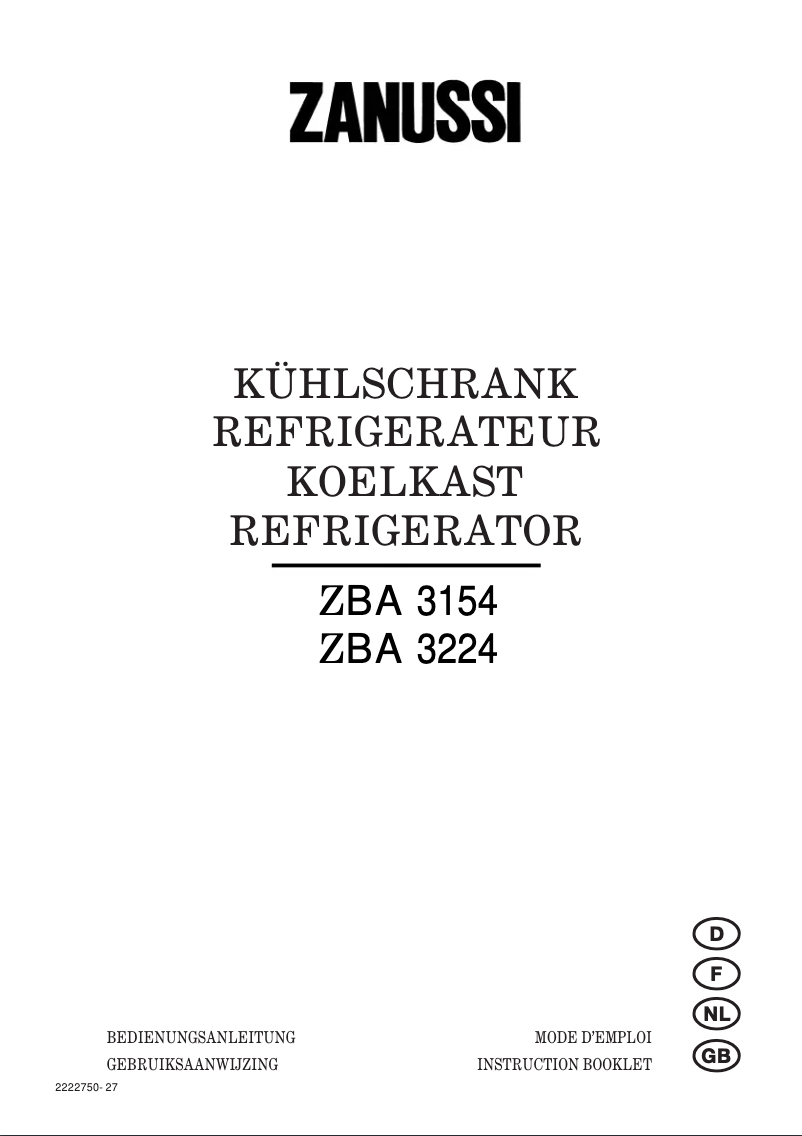 Page 1 of the manual User Manual Zanussi zba 3224 210l