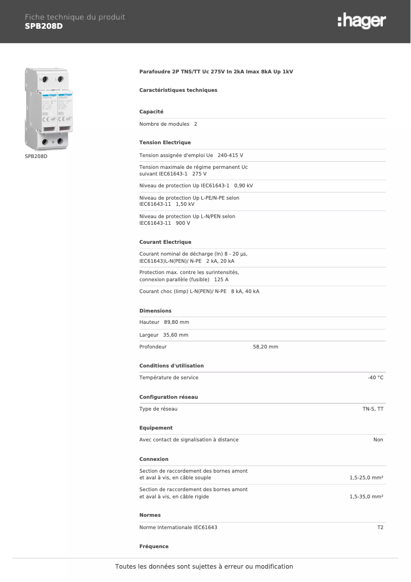 Page 1 of the manual Technical Sheet Hager SPB208D