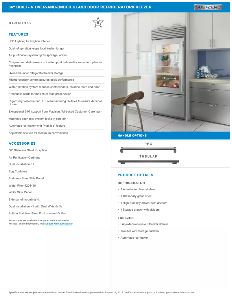 Page 1 of the manual Technical Sheet Sub-Zero BI-36UG/S/PH-LH