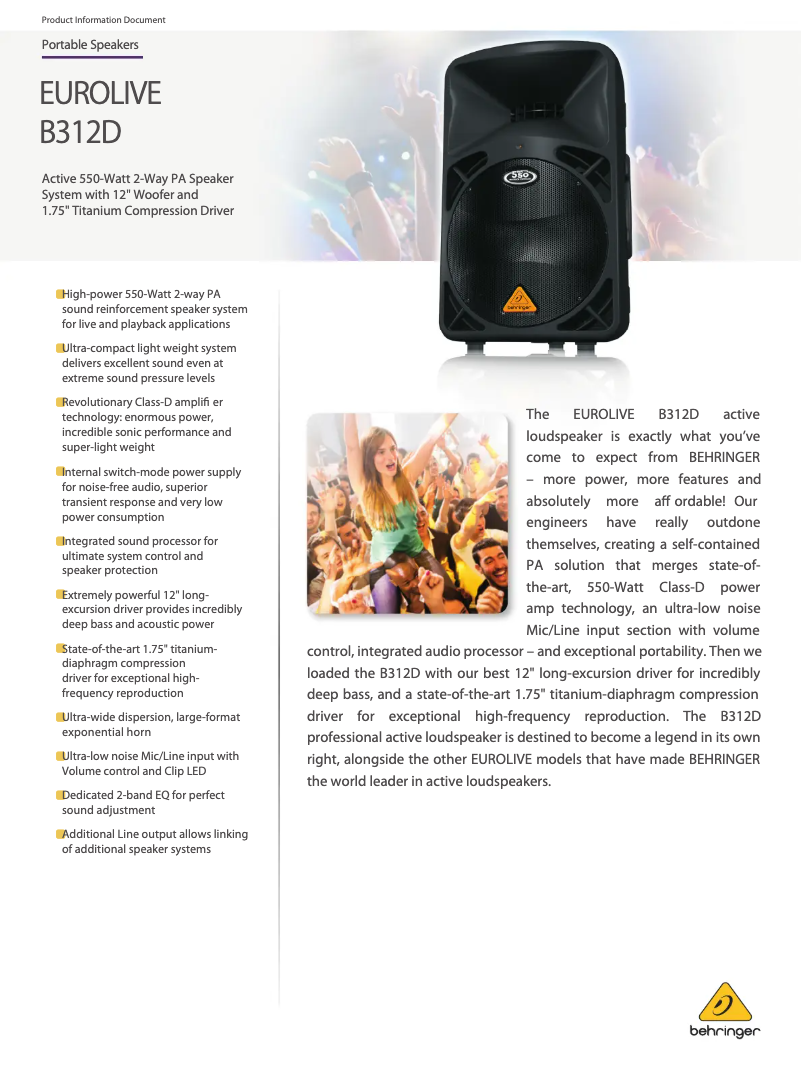 Page 1 of the manual Technical Sheet Behringer Eurolive B312D