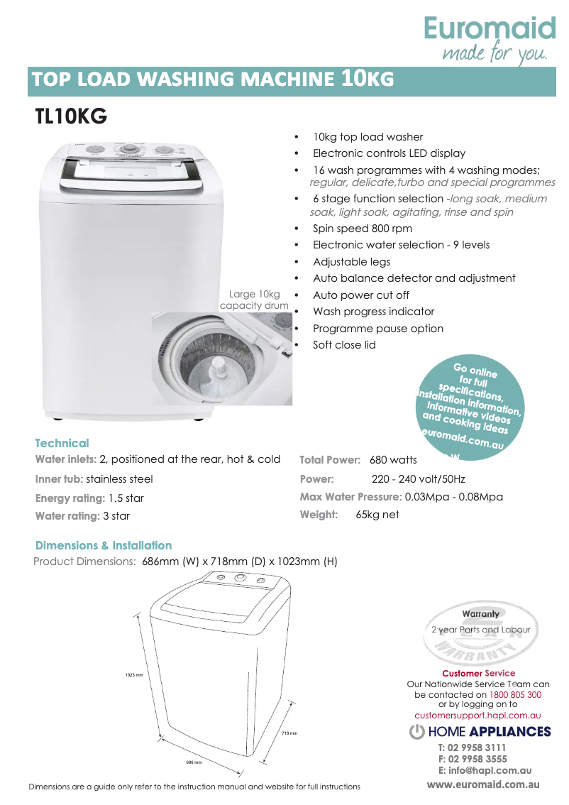Page 1 of the manual Technical Sheet Euromaid TL10KG