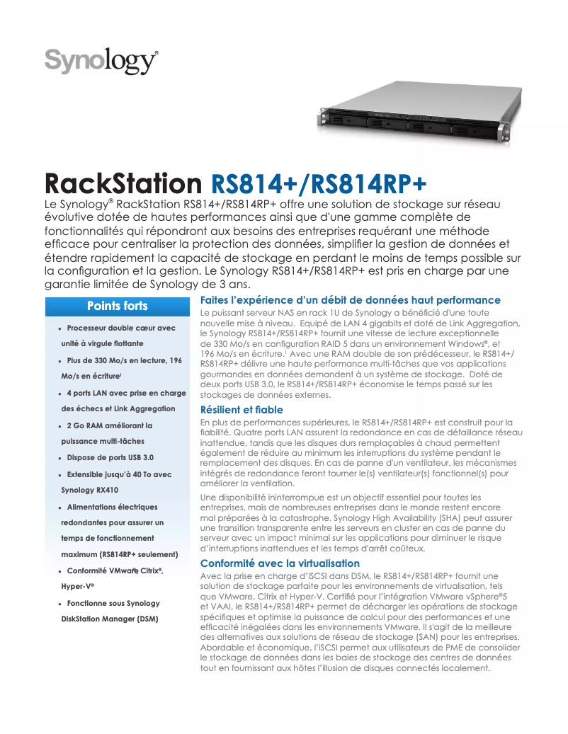 Page 1 of the manual Technical Sheet Synology RS814+