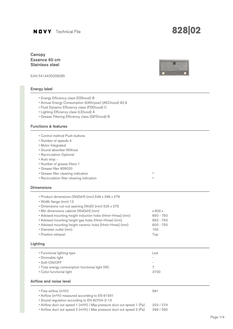 Page 1 of the manual Technical Sheet Novy Canopy Essence 828