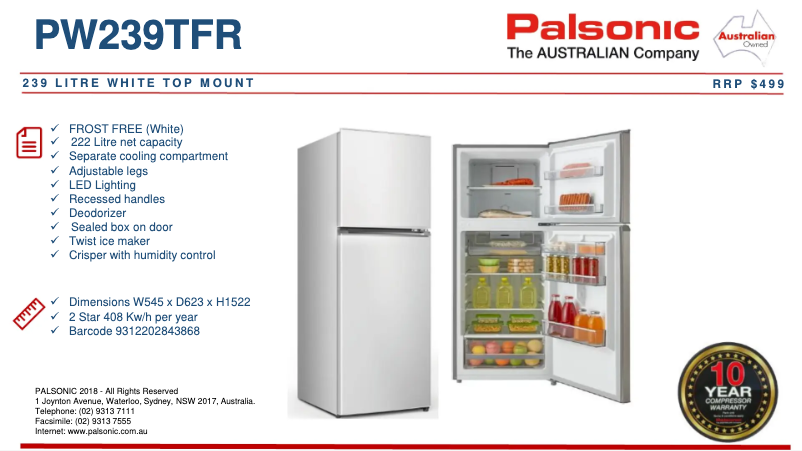 Page 1 of the manual Technical Sheet Palsonic PW239TFR
