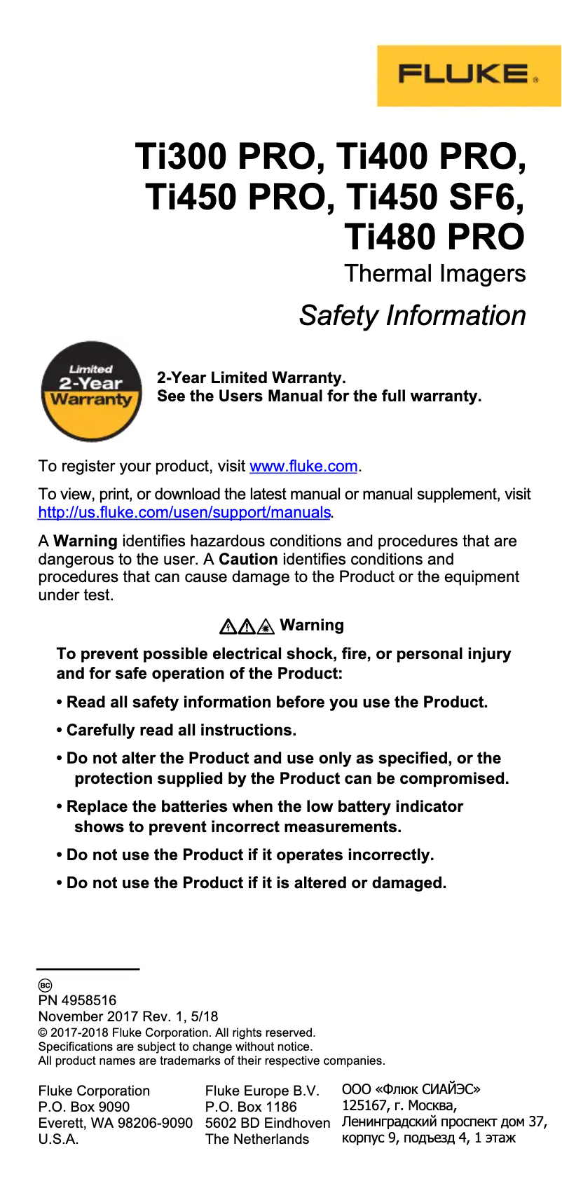 Page 1 of the manual Safety Instructions Fluke Ti480 PRO