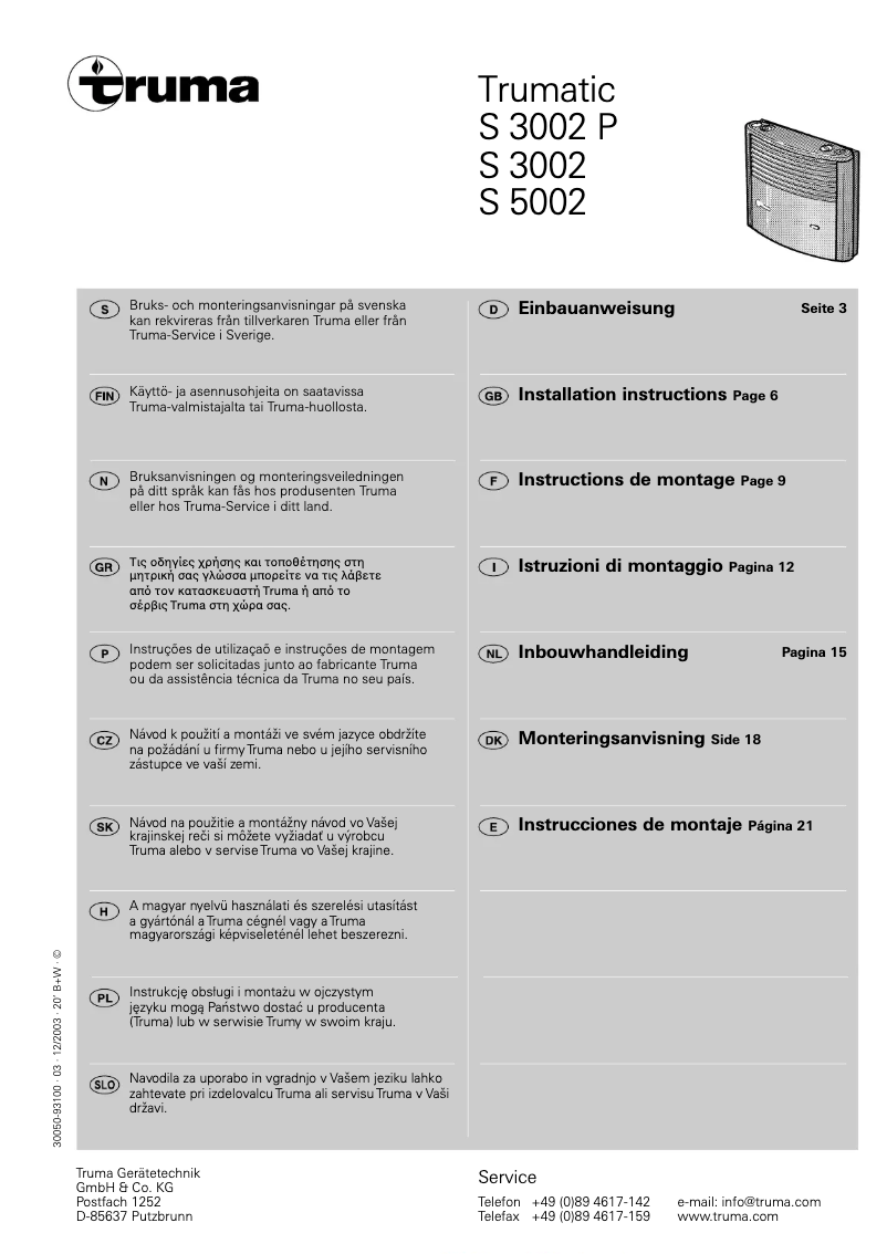 Page 1 of the manual User Manual Truma tic S 5002