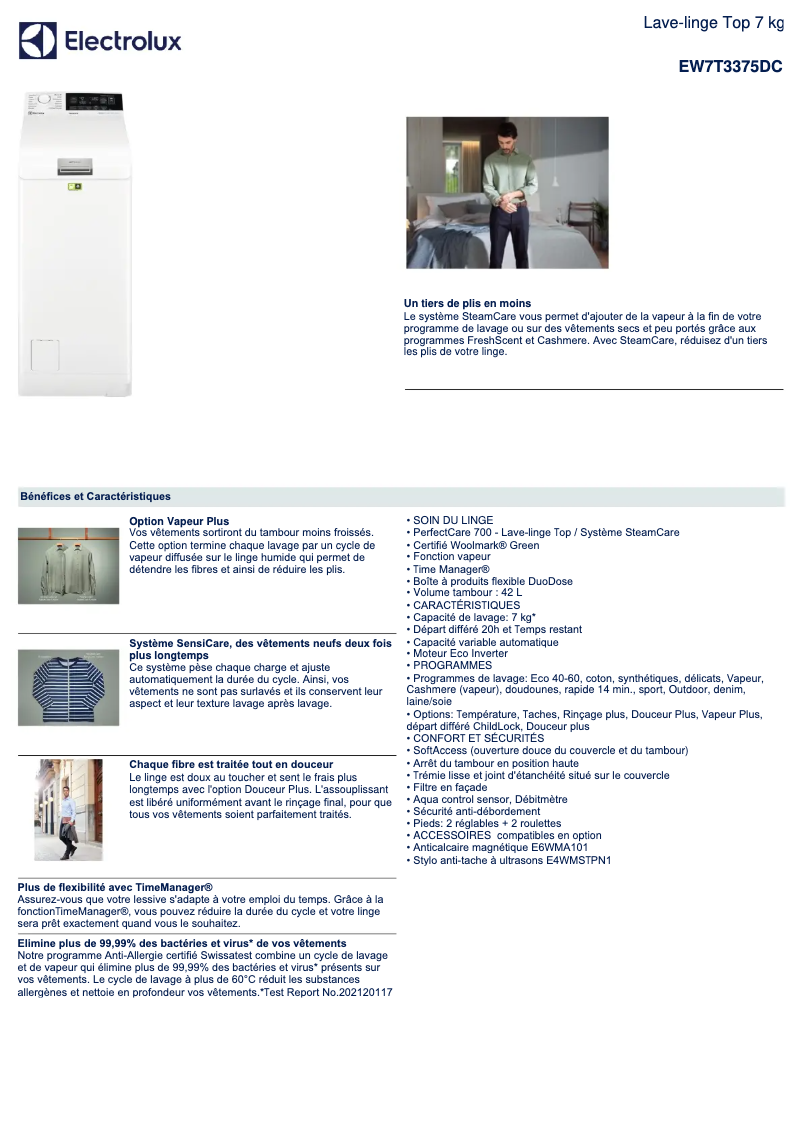 Page 1 of the manual Technical Sheet Electrolux EW7T3375DC