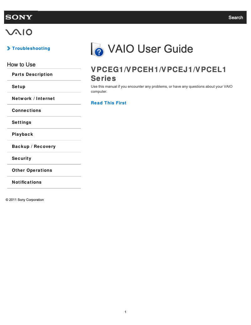 Page 1 of the manual User Manual Sony Vaio VPCEG15FD