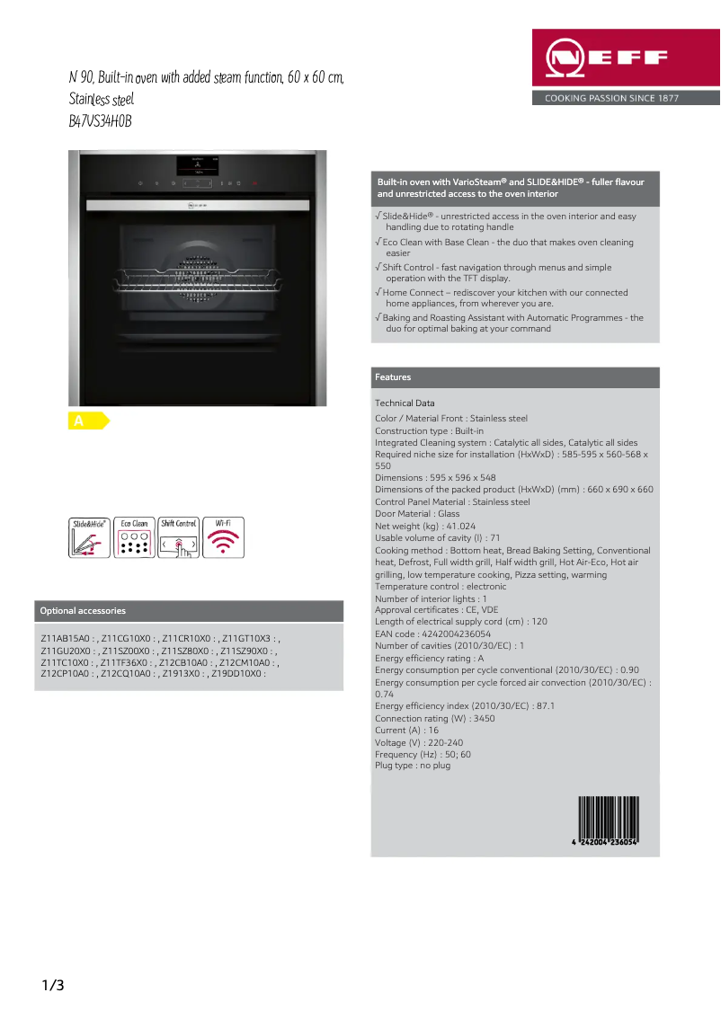 Page 1 of the manual Technical Sheet Neff B47VS34H0B