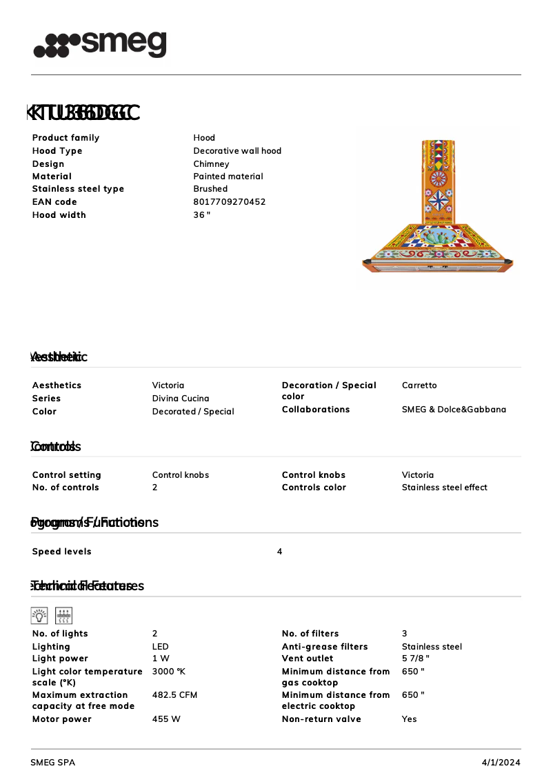 Page 1 of the manual Technical Sheet Smeg KTU36DGC
