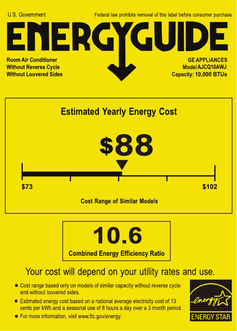 Page 1 of the manual Energy Label GE AJCQ10AWJ